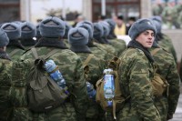 New conscripts march as they depart from Russia's Siberian city of Barnaul