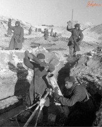Январь 1943 года, Воронежско-Касторненская наступательная операция. Бойцы минометной батареи ведут огонь по немецким позициям.